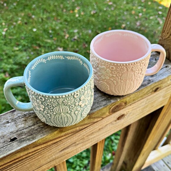 World Market “Jolly Hearts” Mugs, Lt Blue/White and Pink/White Floral Embossed - Picture 2 of 11